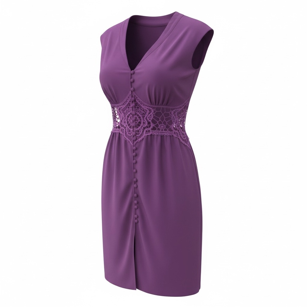 Purple Lace Crochet Inset Multi Button Closure Indie Dress Size Small